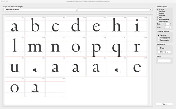Glyph overview in DTL LetterModeller